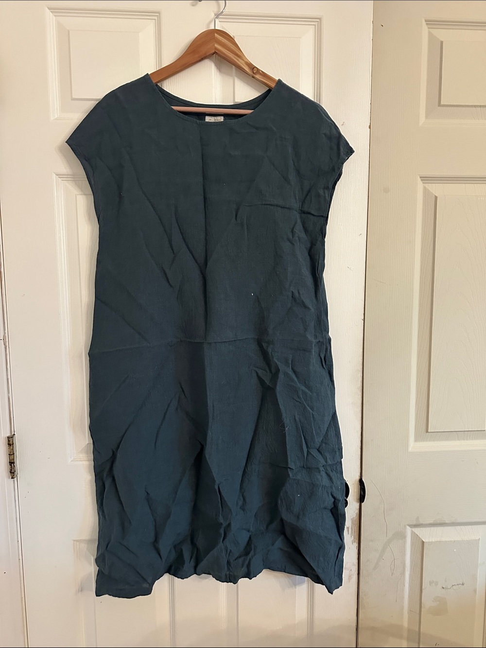 100% Flax Linen Women's Dark Teal Short-Sleeve Shift Dress
